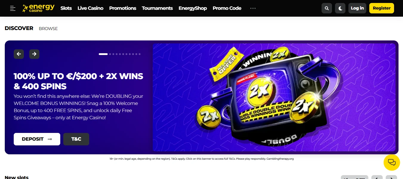 Energy Casino welcome offer — baner 100% do 200 euro plus 400 darmowych spinów
